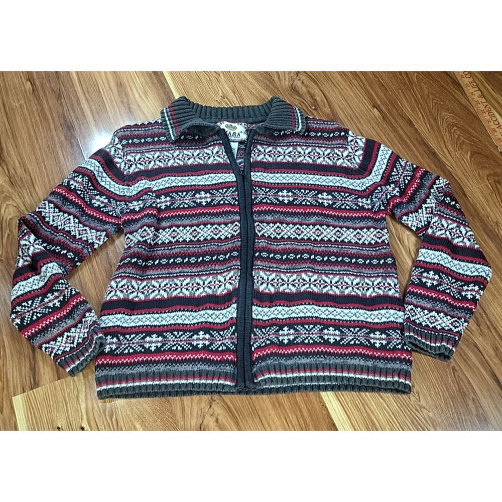 Vintage Y2k Tiara International Fair Isle Sweater Small 2002 Nordic Zip Red Knit